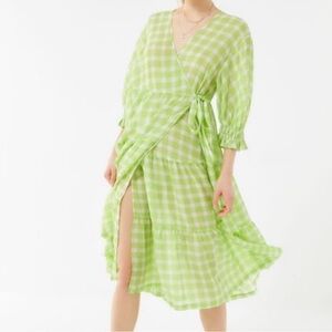 Urban Outfitters Donatella Gingham Crinkle Tiered Ruffle Wrap Dress